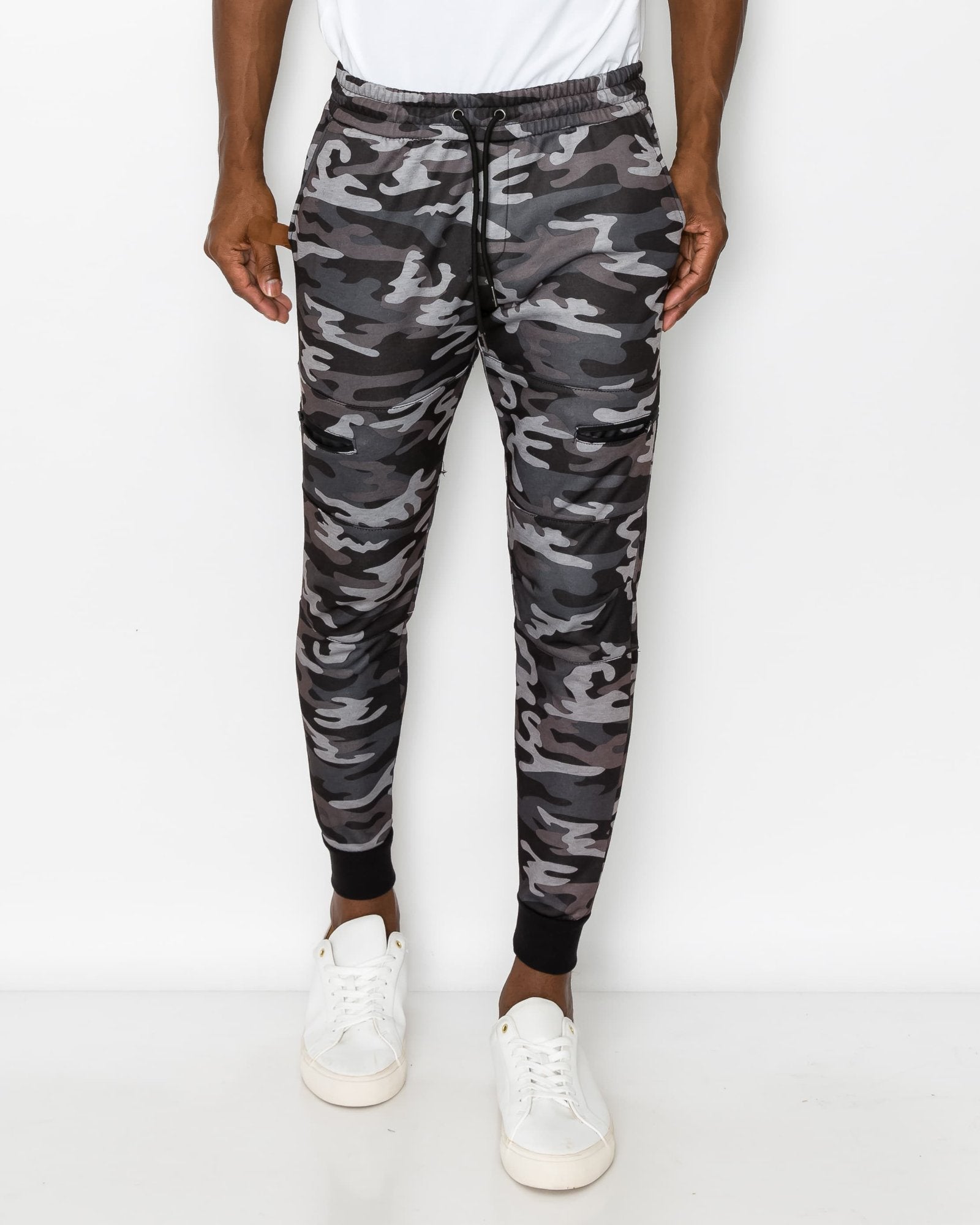 Mens drawstring marc fleece joggers in Black Camo side zip pockets