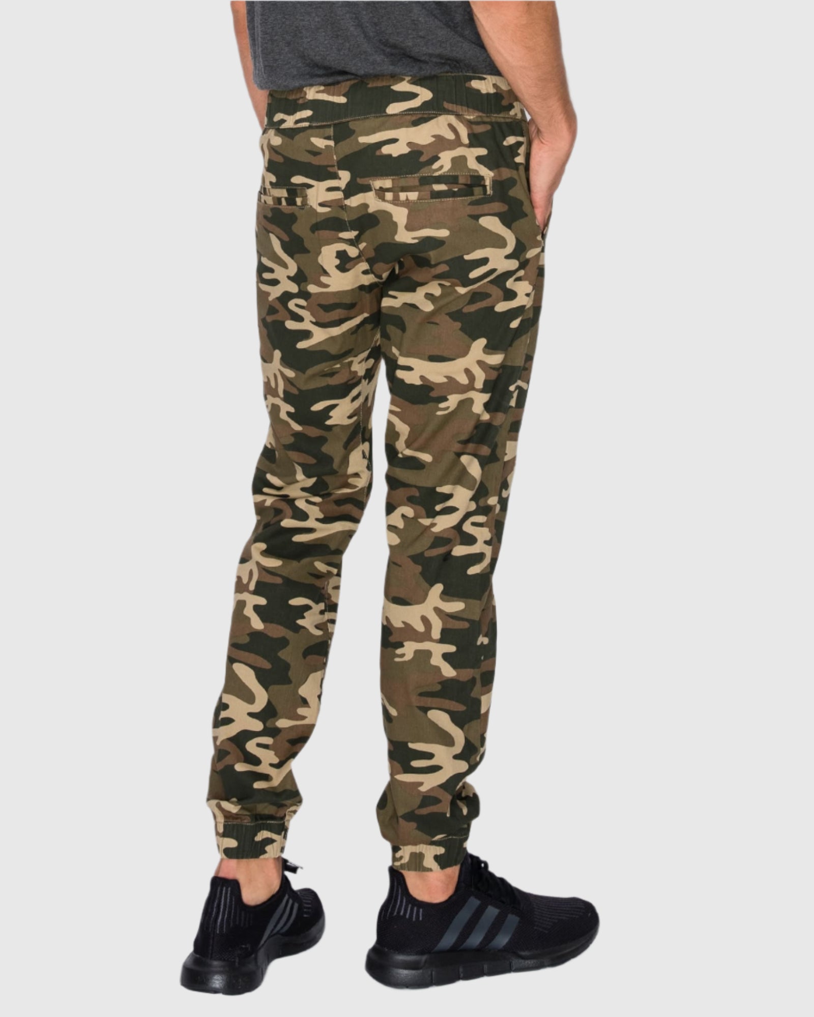 Mens Clayton twill stretch joggers with elastic waistband and drawstring closure in Green Camo