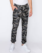 Mens drawstring leftout moto joggers in  Black Camo