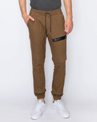 Mens drawstring leftout moto joggers in Light Brown