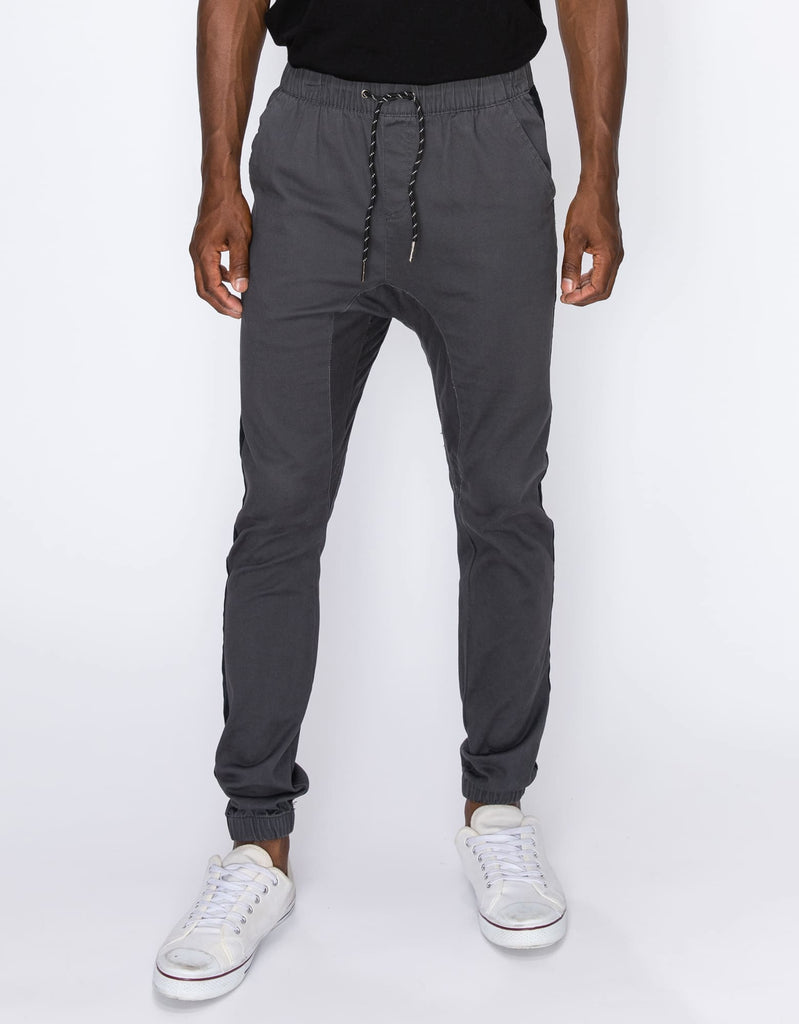 Mens Elan twill joggers in Charcoal elastic waistband with drawstring closure 