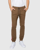 Mens drawstring closure colorblind stripe slang twill joggers in Light Brown