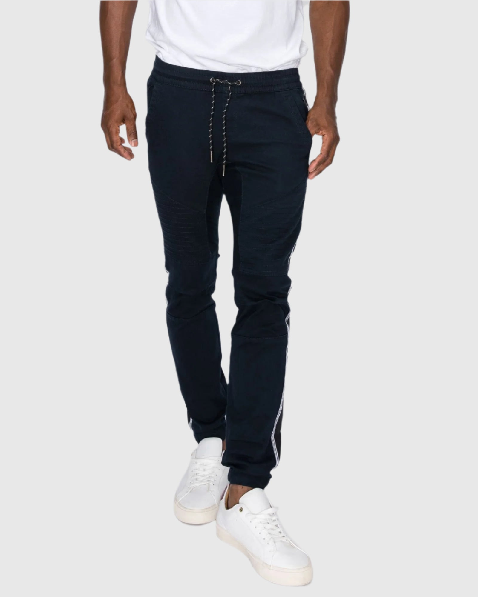 Mens drawstring closure colorblind stripe slang twill joggers in Navy