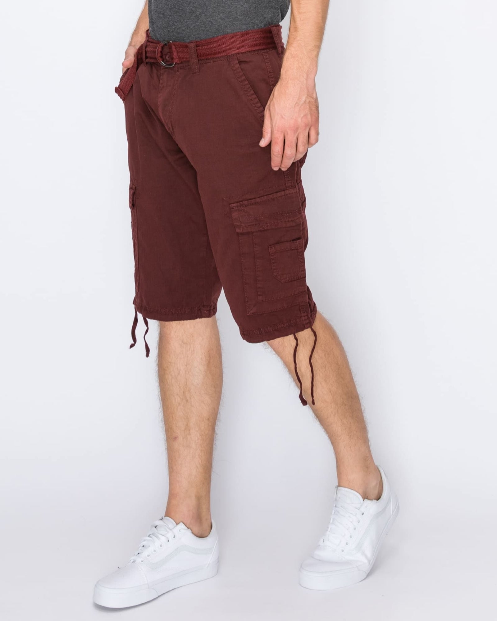 Mens Delano messenger cargo shorts in Burgundy side cargo pocket