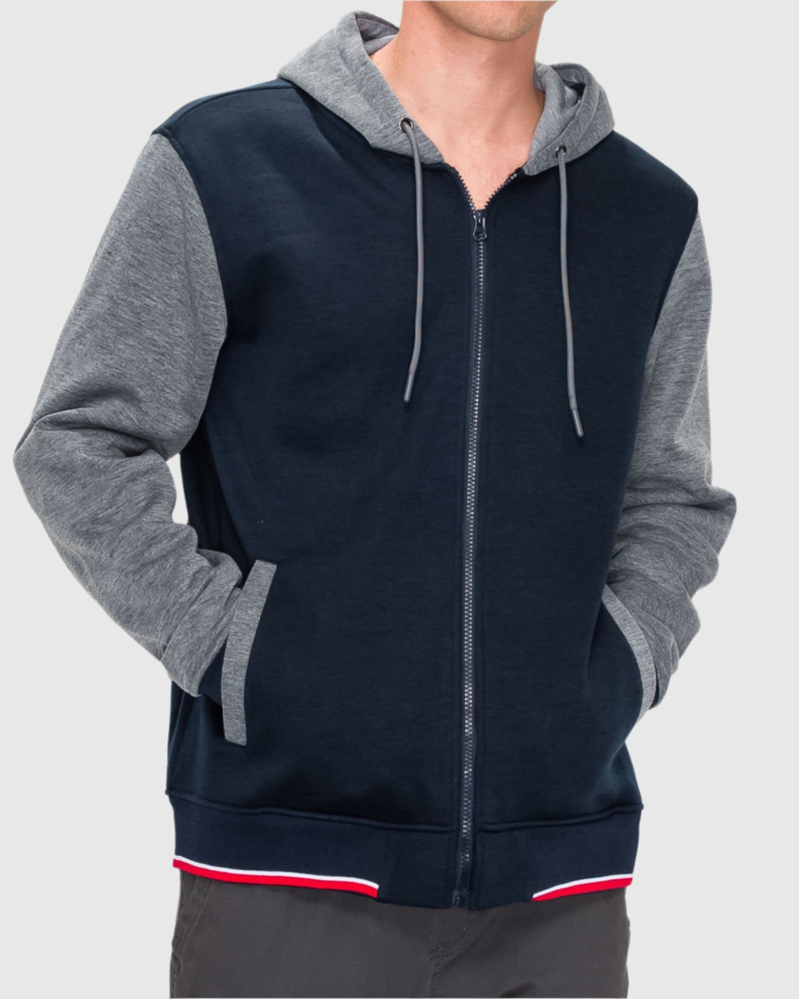 Mens Charlie fleece varsity striped rib jacket in Navy Med Heather Gray