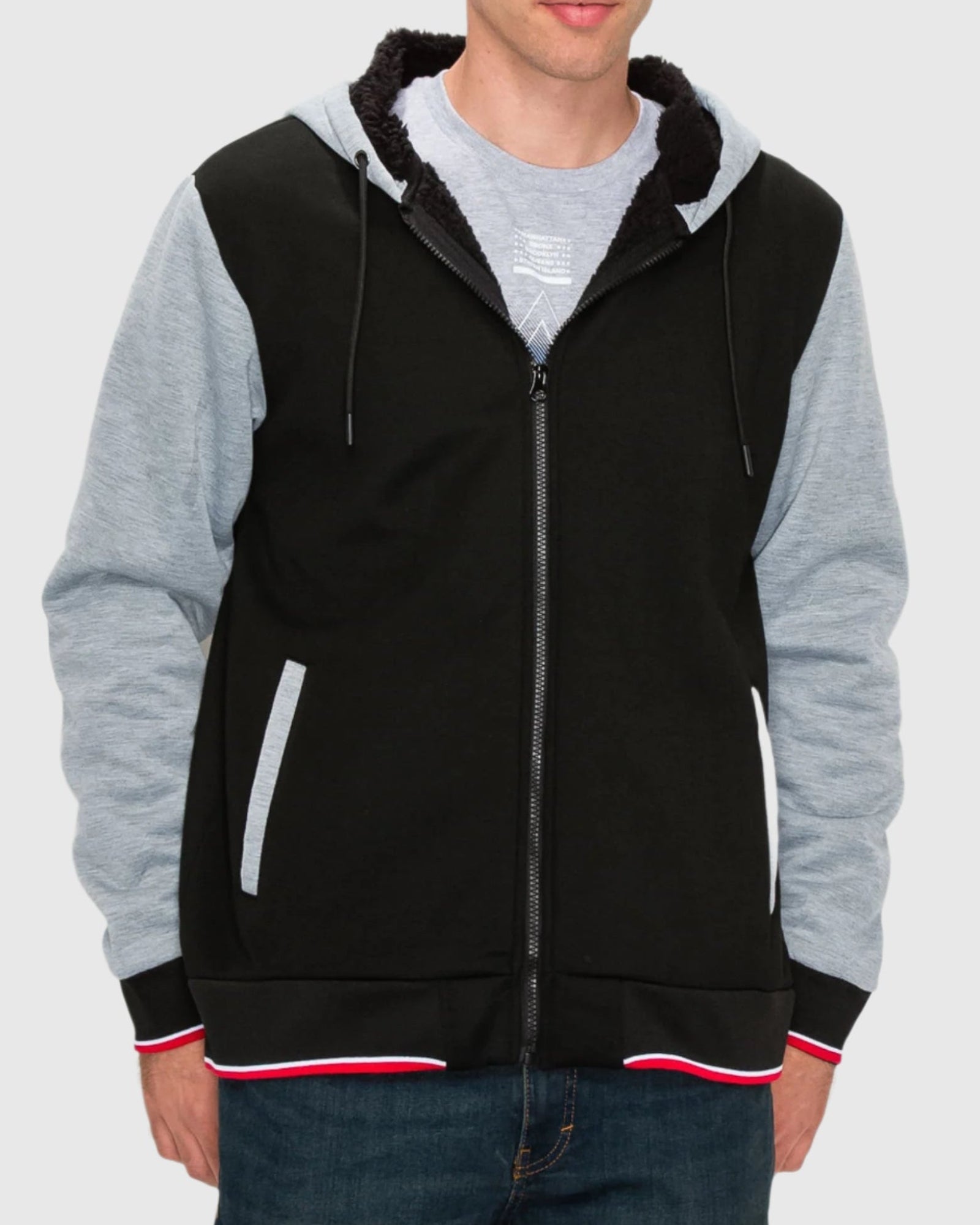 Mens drawstring zip up value varsity fleece sherpa lined jacket in Black Light Heather Gray hand pockets