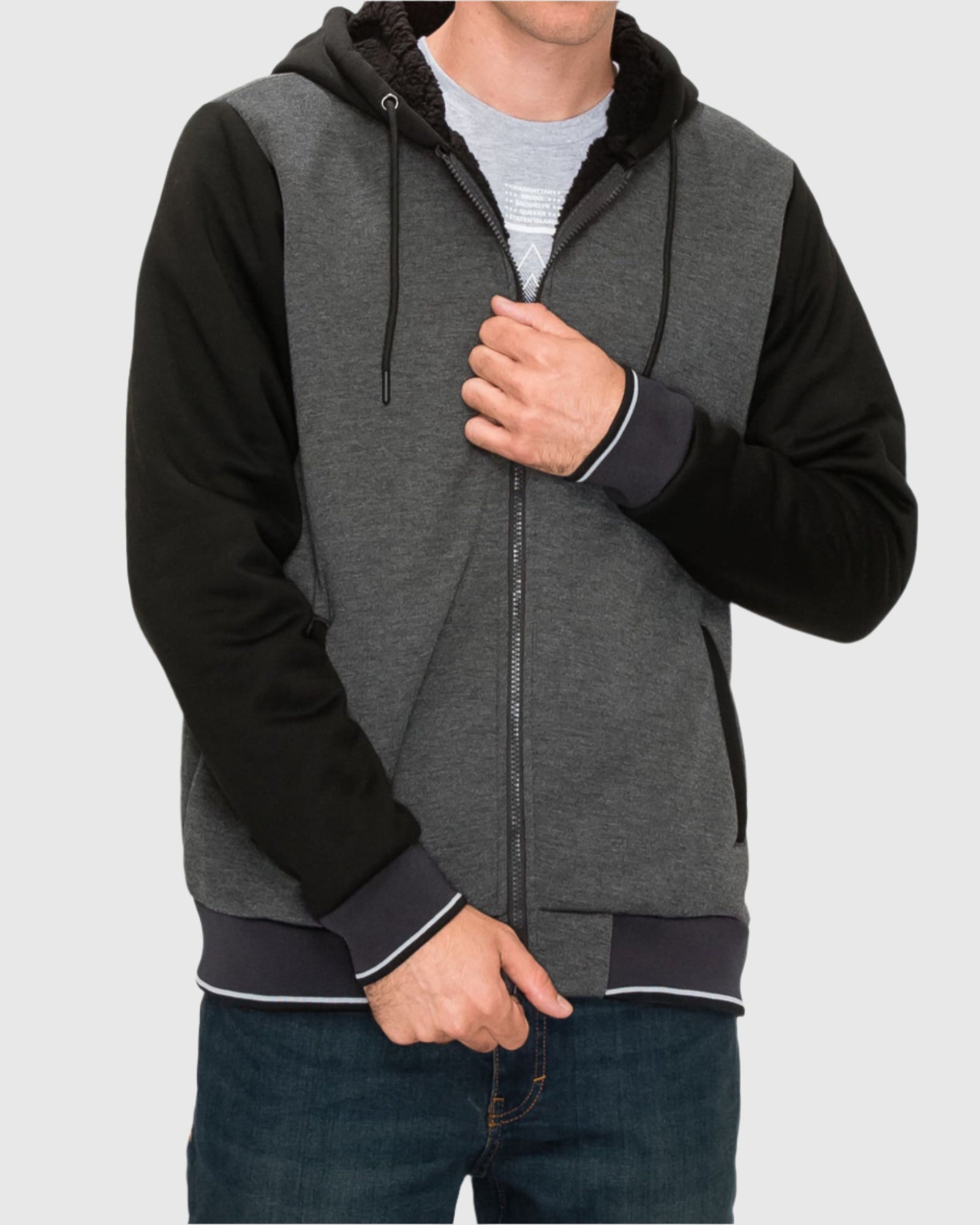 Mens drawstring zip up value varsity fleece sherpa lined jacket in Charcoal Heather Black