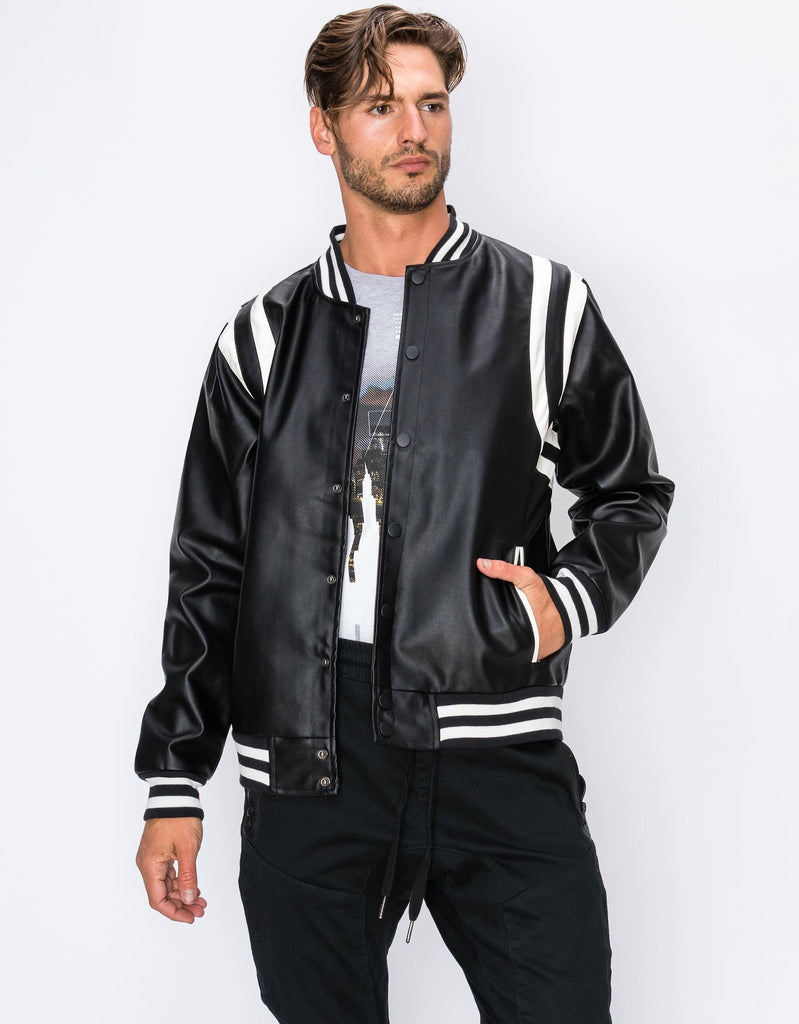 Mens justice PU jacket in Black Off White snap button up 