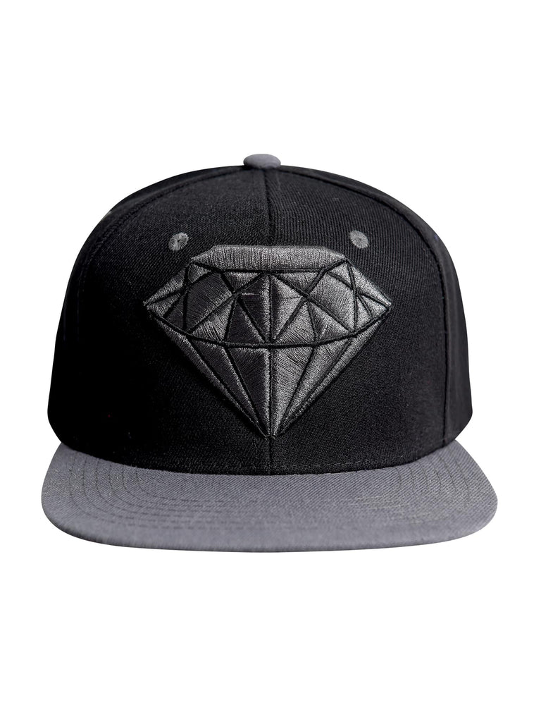 Front view of the Men’s Diamond Snapback by Ring of Fire Clothing in Black Grey color, showcasing the adjustable snapback and wide flat brim, one size fits all.