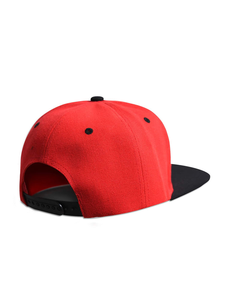 Back view of the one-size Men’s King Snapback in Red and Black colors, displaying the adjustable snapback feature.