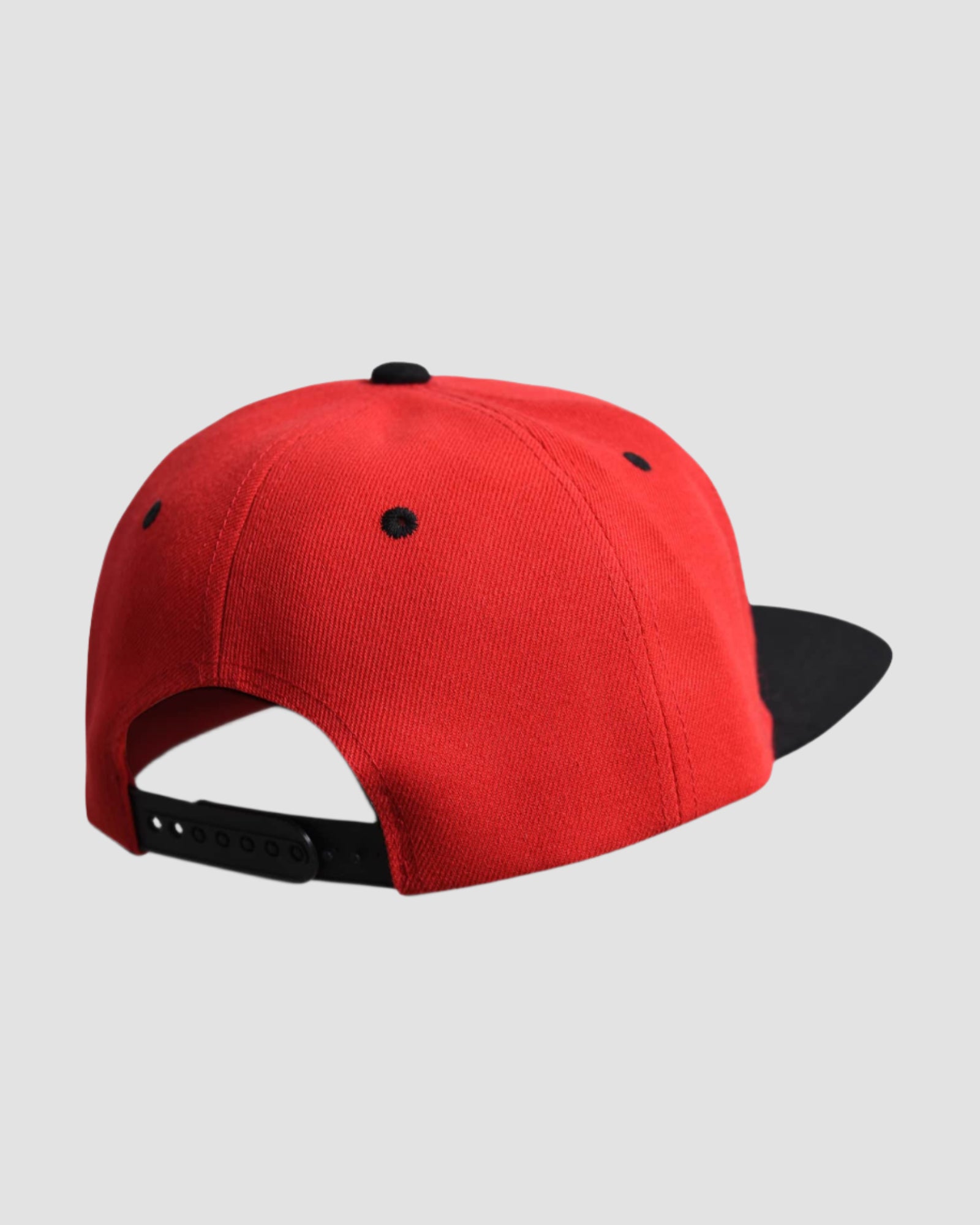 Back view of the ‘Men’s Trippin Snapback’ by Ring of Fire Clothing in Red Black Grey color, highlighting the adjustable snapback feature for a comfortable fit, one size fits all.