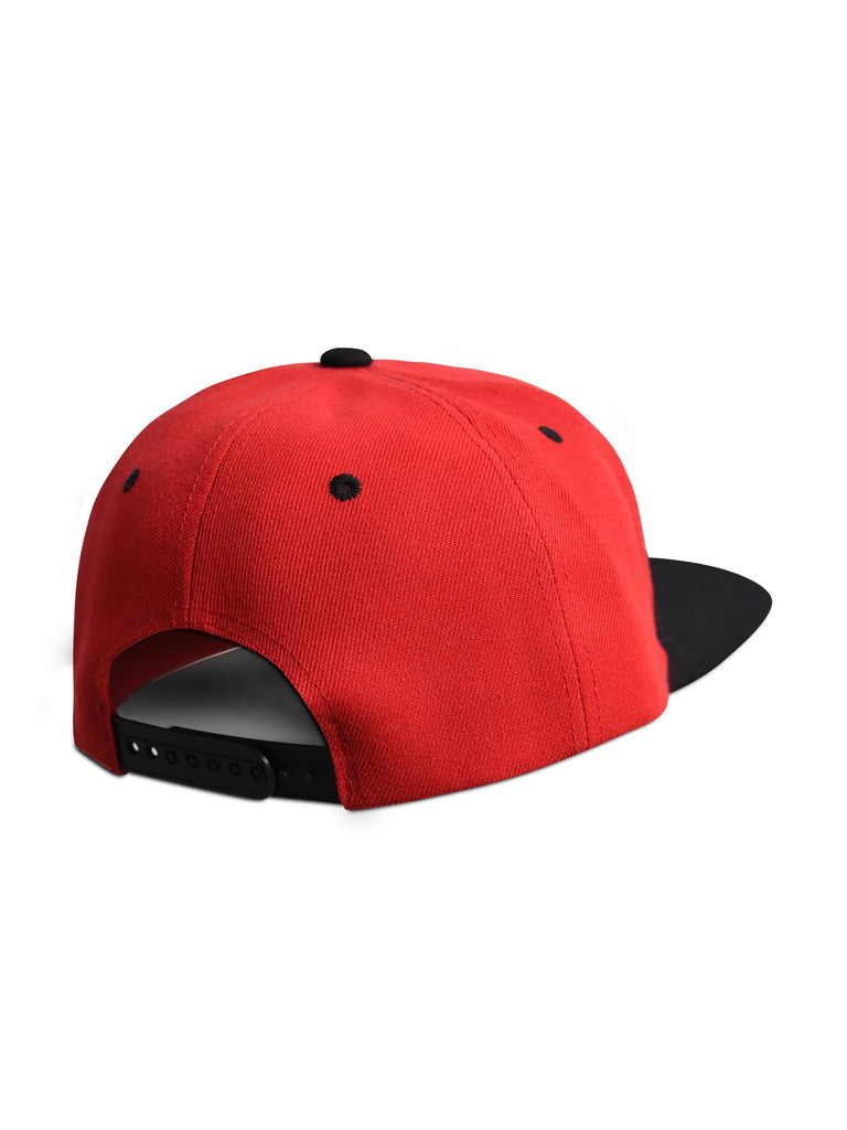 Back view of the ‘Men’s Trippin Snapback’ by Ring of Fire Clothing in Red Black Grey color, highlighting the adjustable snapback feature for a comfortable fit, one size fits all.