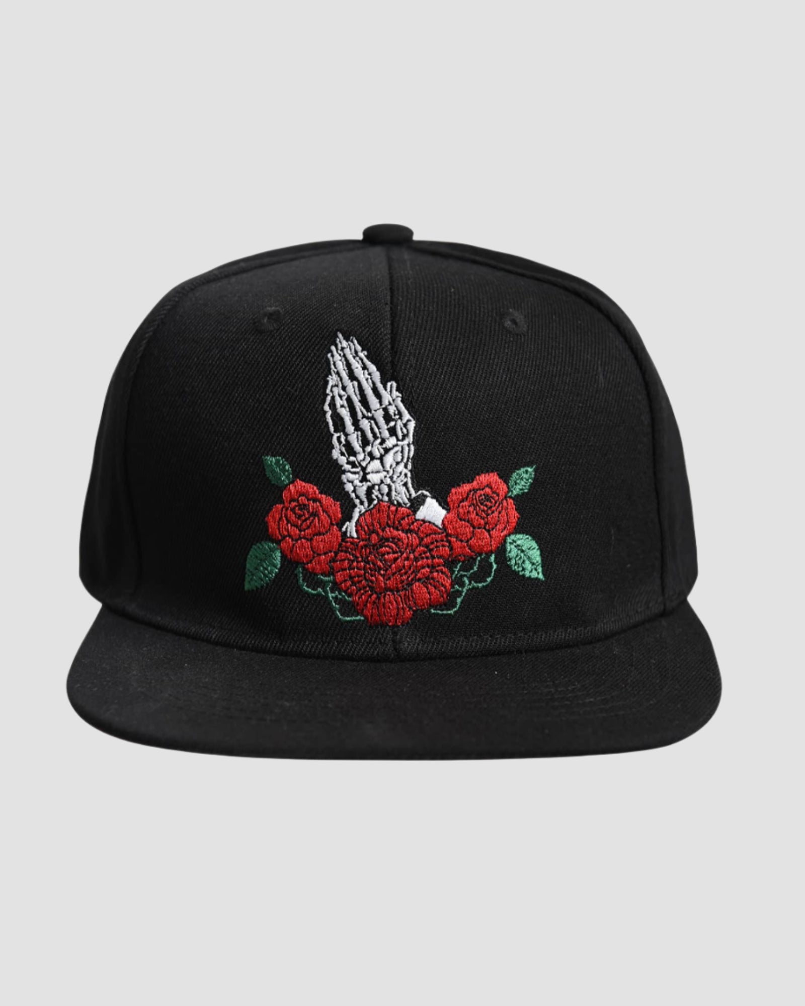 Front view of the Men’s Prayer Roses Snapback by Ring of Fire Clothing in Black Grey Red color, showcasing the prayer hand with roses design, one size fits all.