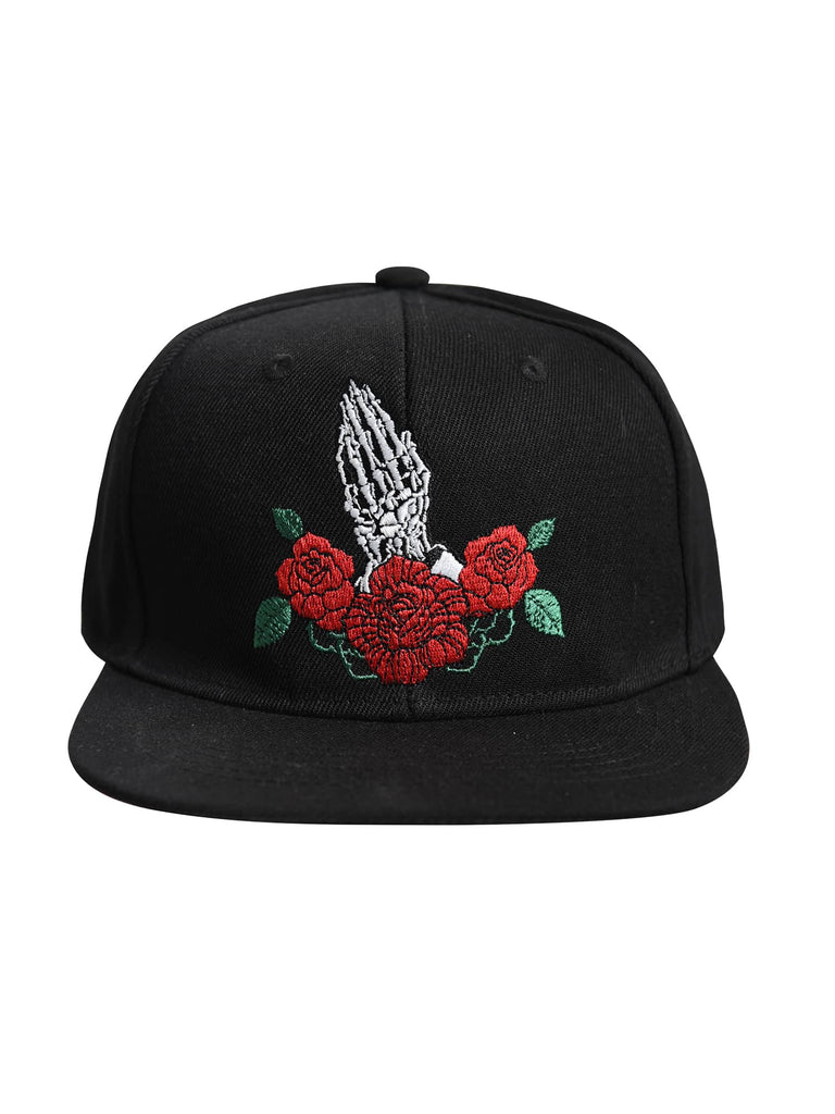 Front view of the Men’s Prayer Roses Snapback by Ring of Fire Clothing in Black Grey Red color, showcasing the prayer hand with roses design, one size fits all.
