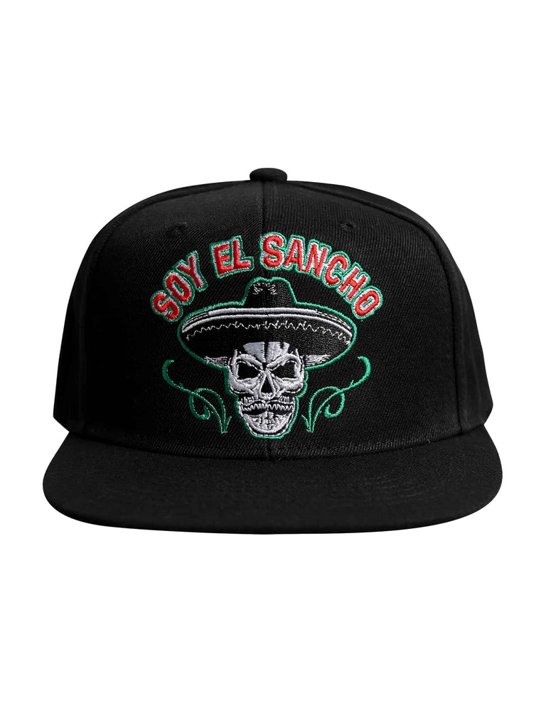 Front view of the ‘Men’s Soy El Sancho Snapback’ by Ring of Fire Clothing in Black Red White color, showcasing the unique skull with a sombrero design and the text ‘Soy El Sancho’, one size fits all.