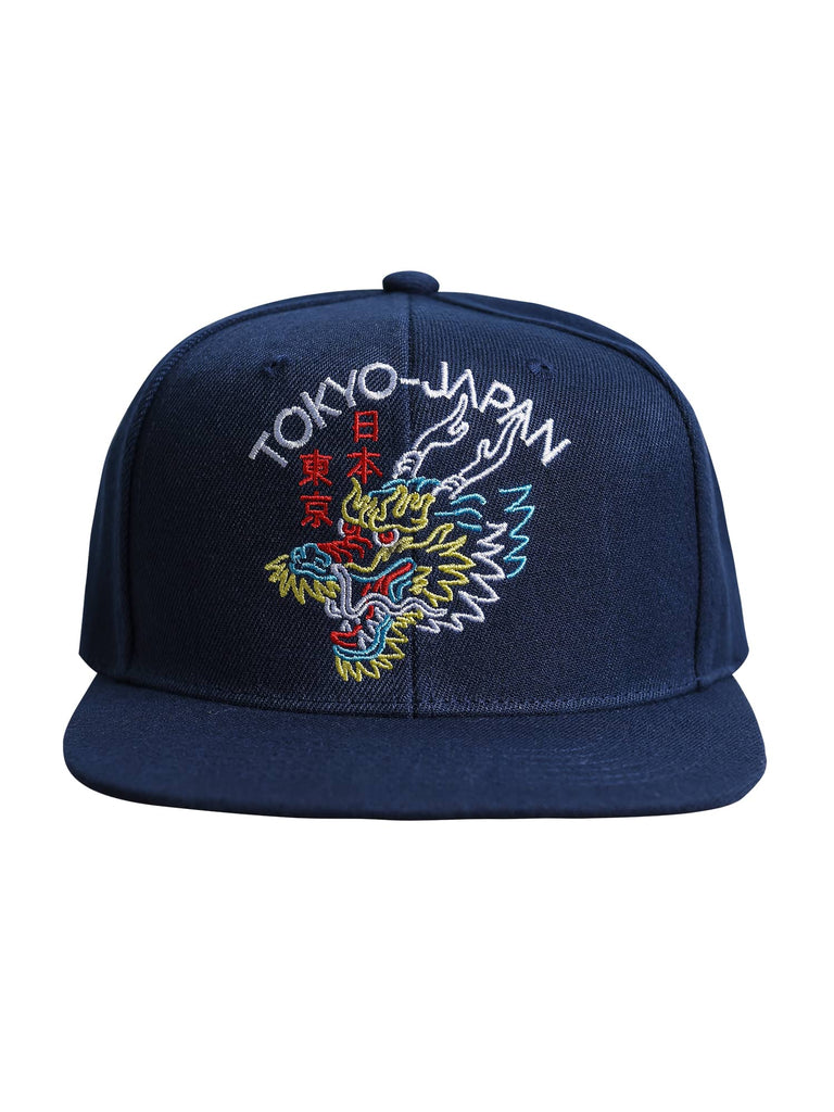 Front view of the ‘Men’s Tokyo Dragon Snapback’ in Navy Yellow White Red color, showcasing the intricate dragon design and Japanese characters with ‘Tokyo-Japan’ text, by Ring of Fire Clothing.