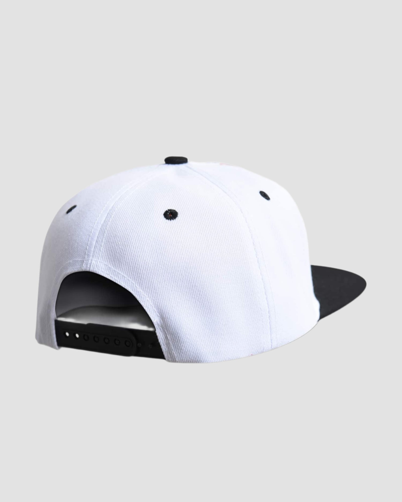 Back view of the ‘Men’s Tokyo Drift Snapback’ in White Red Black color, highlighting the adjustable snapback feature, by Ring of Fire Clothing.