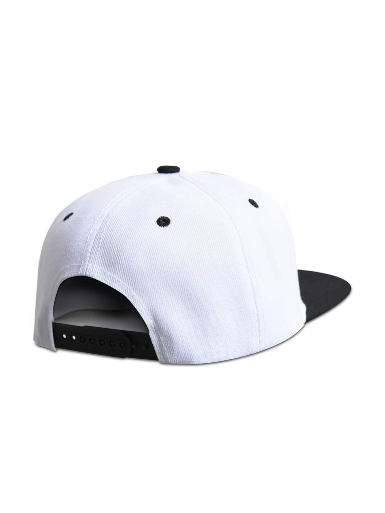 Back view of the ‘Men’s Tokyo Drift Snapback’ in White Red Black color, highlighting the adjustable snapback feature, by Ring of Fire Clothing.