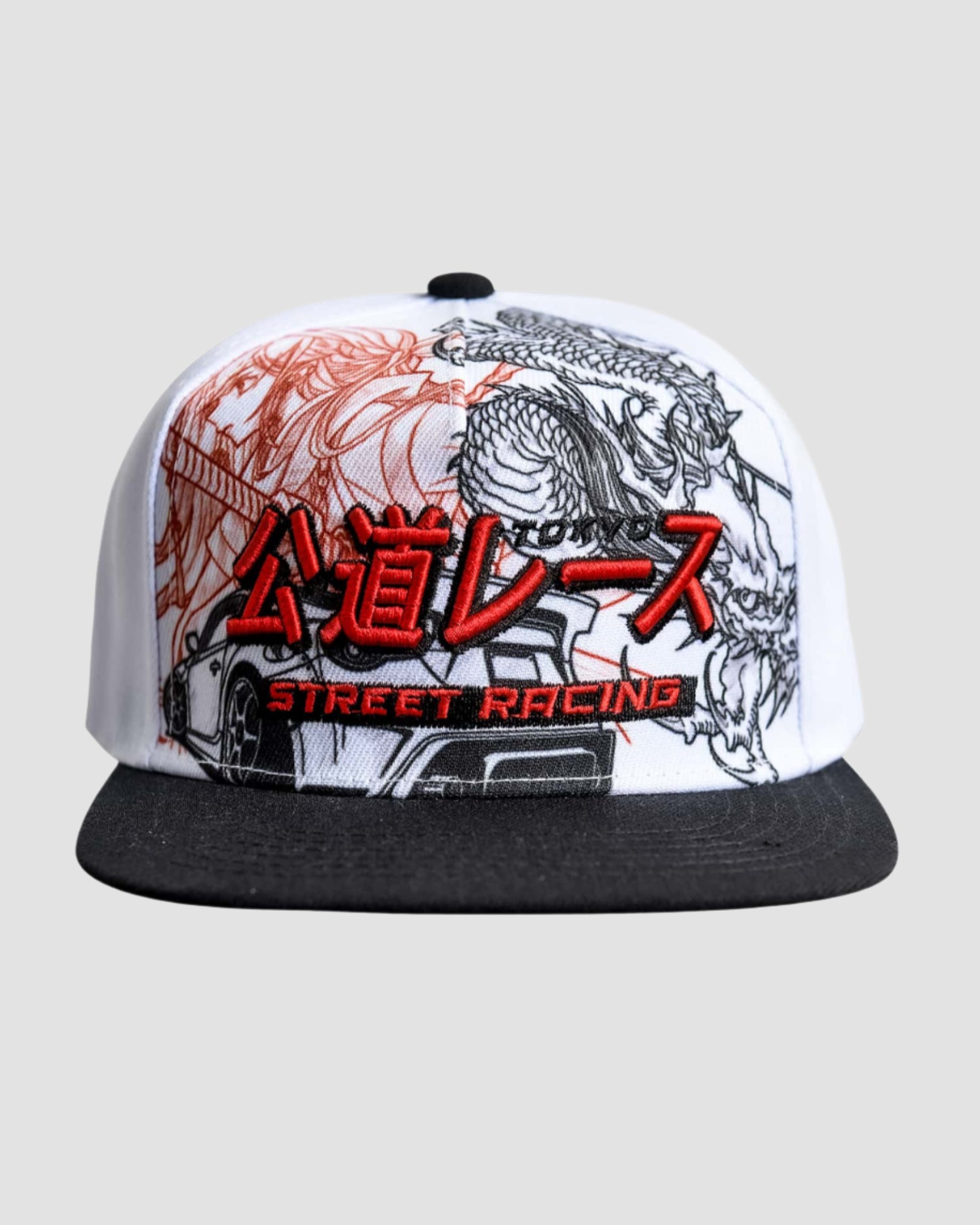 Front view of the ‘Men’s Tokyo Drift Snapback’ in White Red Black color, showcasing the female anime character, dragon design, and ‘street racing’ text, by Ring of Fire Clothing.