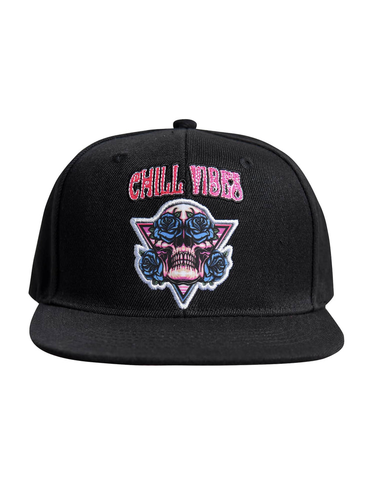 Front view of the Men’s Chill Skull Roses Snapback by Ring of Fire Clothing in Black, White, Red, and Blue colors, showcasing the unique skull design with roses in its eyes and ‘Chill Vibes’ text.
