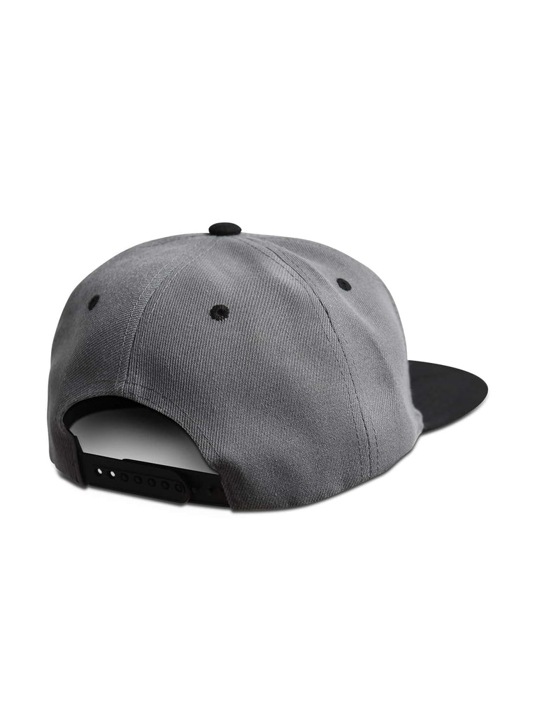 Back view of the one-size-fits-all Men’s Kanji Death Snapback by Ring of Fire Clothing in black and grey colors, highlighting the adjustable snapback feature.