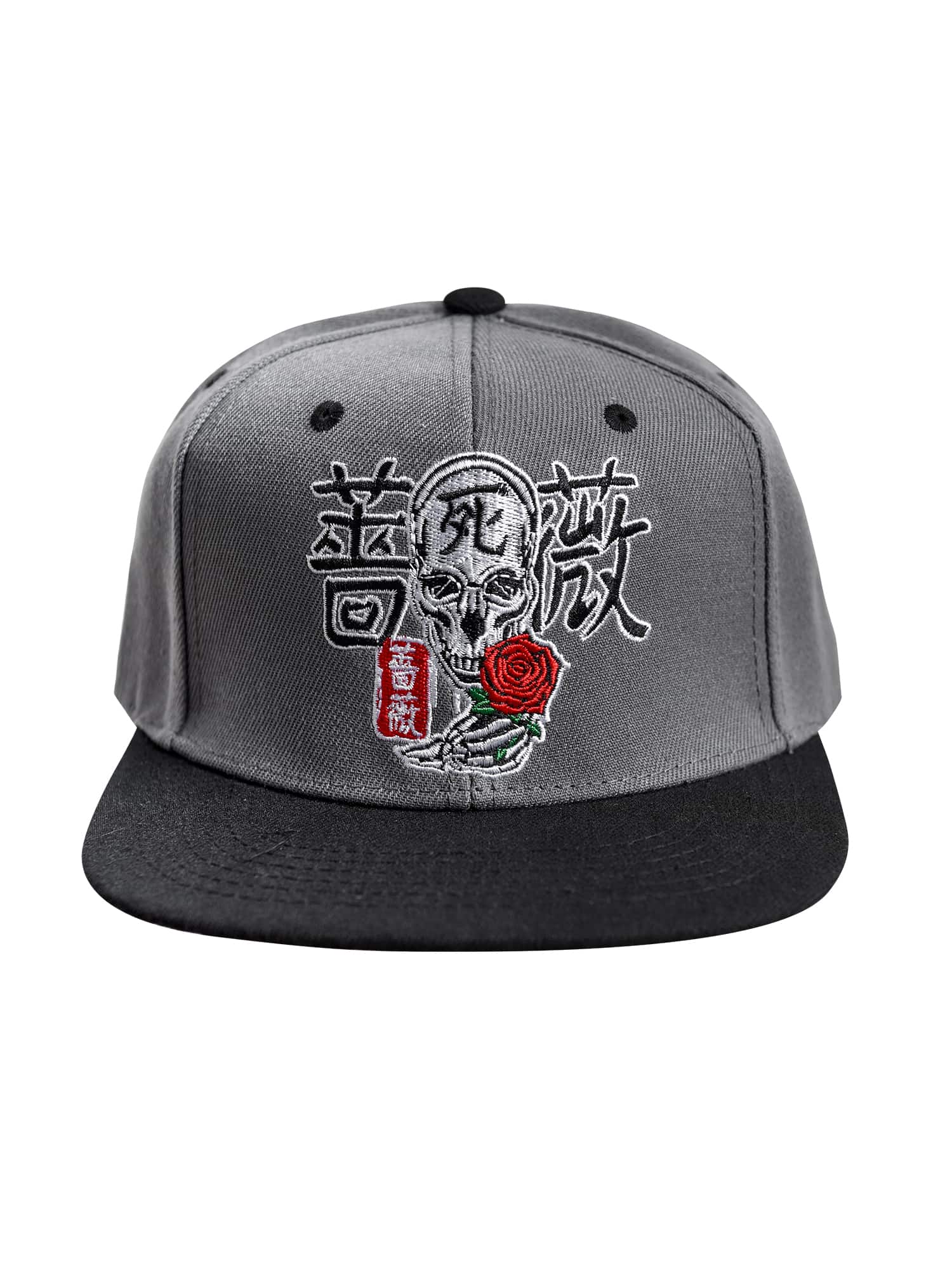 Front view of the Men’s Kanji Death Snapback by Ring of Fire Clothing in Black, Grey, White, and Red colors, showcasing the unique design of Japanese characters surrounding a skull with a rose.