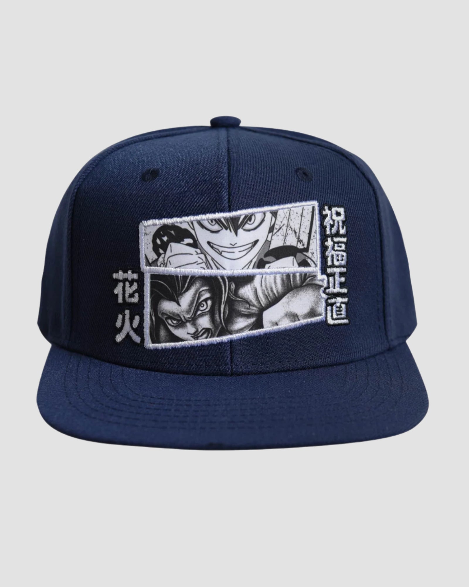 Ring of Fire Men’s Chosen Ones Snapback in navy color, featuring an anime comic strip design with Japanese writing.