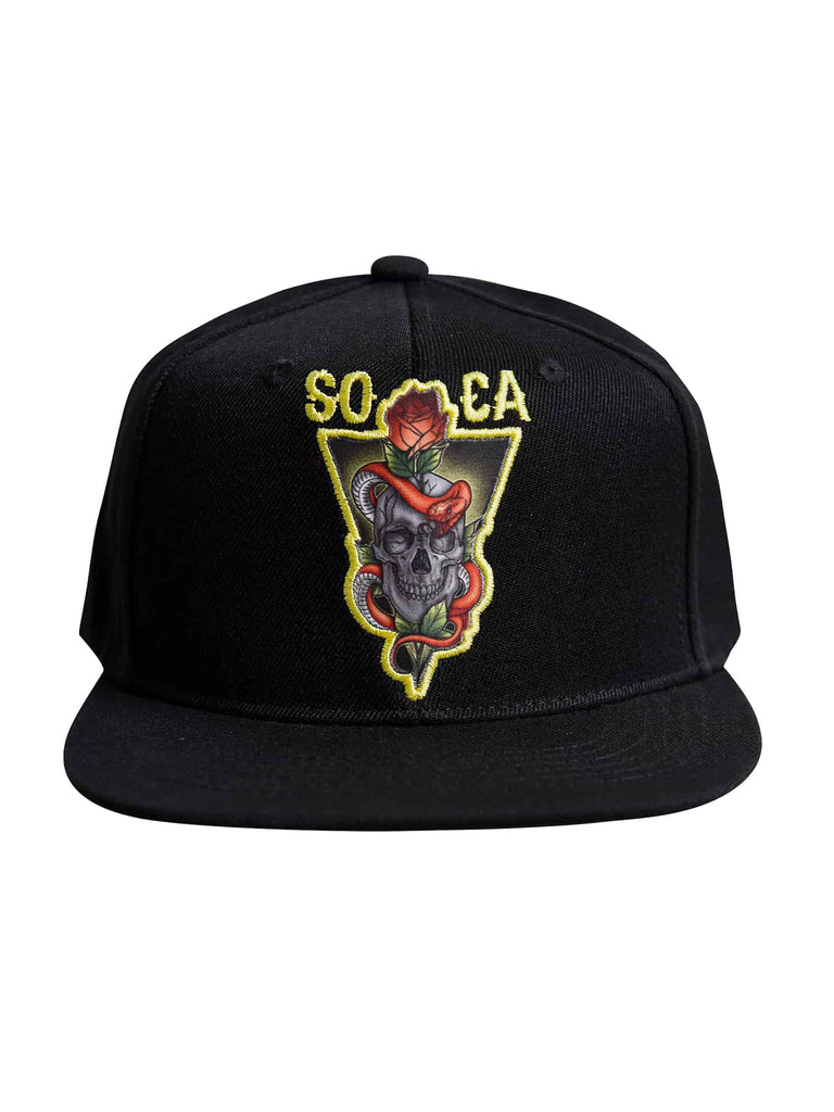 Front view of the Men’s Socal Skull Snapback by Ring of Fire Clothing in Black Gold Grey Red color, showcasing the intricate skull, snake, and rose design, and the letters ‘SO’ and ‘CA’.