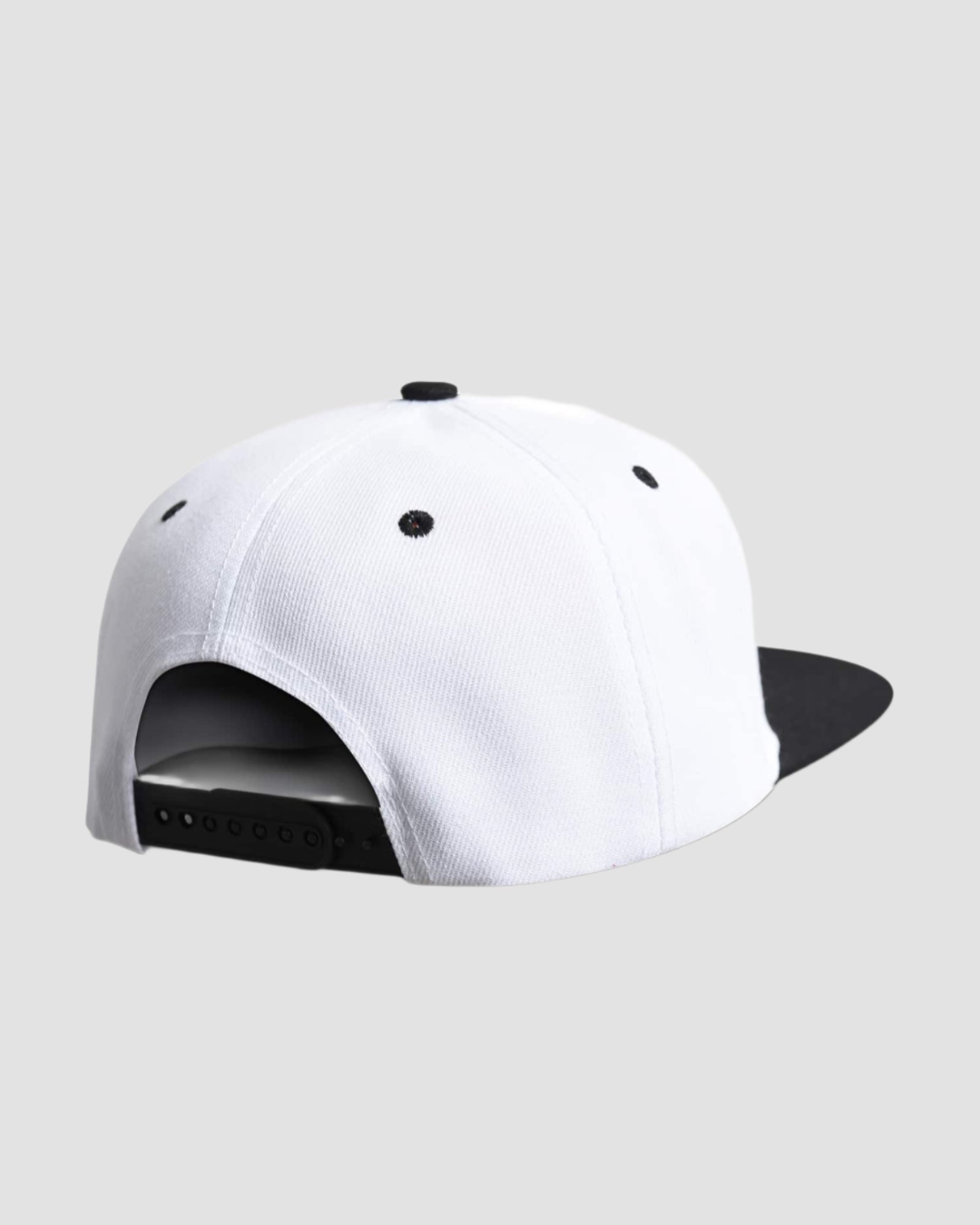 Back view of the Men’s All Good Snapback Cap in White Black color, highlighting the adjustable snapback feature for a custom fit.