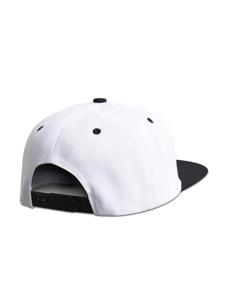 Back view of the Men’s All Good Snapback Cap in White Black color, highlighting the adjustable snapback feature for a custom fit.