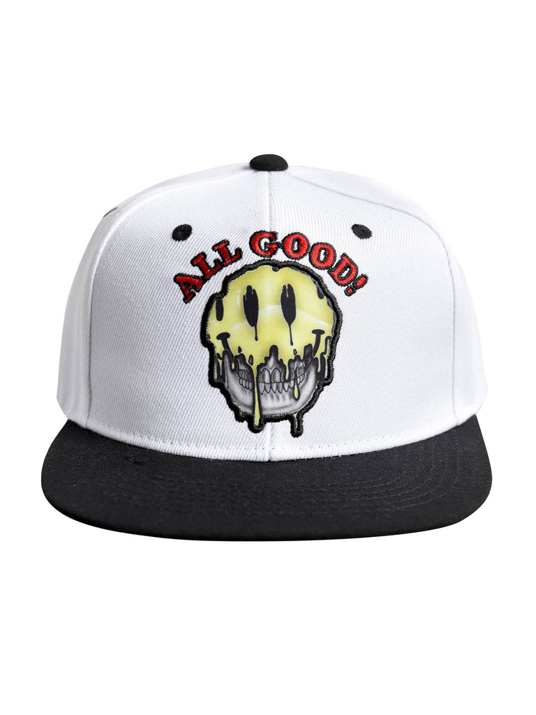 Front view of the Men’s All Good Snapback Cap in White Black color, showcasing the unique ‘all good’ text and melting smiley face design.