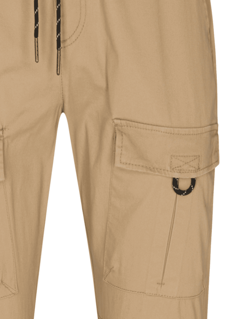 Close up detailed view of Ring of Fire’s Men’s Barnabas Cargo Joggers in Khaki