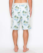 Back view of men’s palm geo cargo boardshorts featuring the breathable mesh interior lining and all-over oasis print pattern.