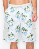 Close-up of men’s palm geo cargo boardshorts showcasing the hand-drawn oasis design on a light background and Velcro cargo pocket.