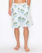 Front view of men’s palm geo cargo boardshorts with elastic waistband, drawstring closure, and side seam pockets.