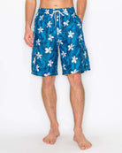 Front view of Men’s Midnight Bloom Cargo Boardshorts with elastic waistband, drawstring closure, and Velcro cargo pockets.