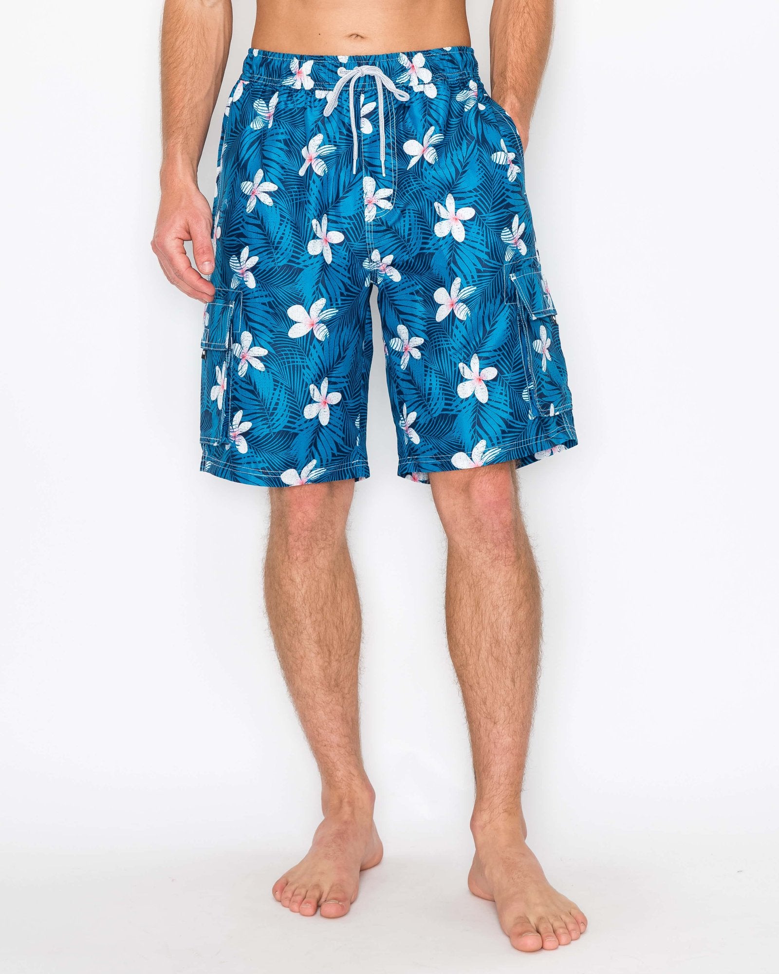 Front view of Men’s Midnight Bloom Cargo Boardshorts with elastic waistband, drawstring closure, and Velcro cargo pockets.