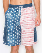 Close-up of men’s Americana cargo boardshorts showcasing the American flag design with white stars on a blue background and red and white stripes.