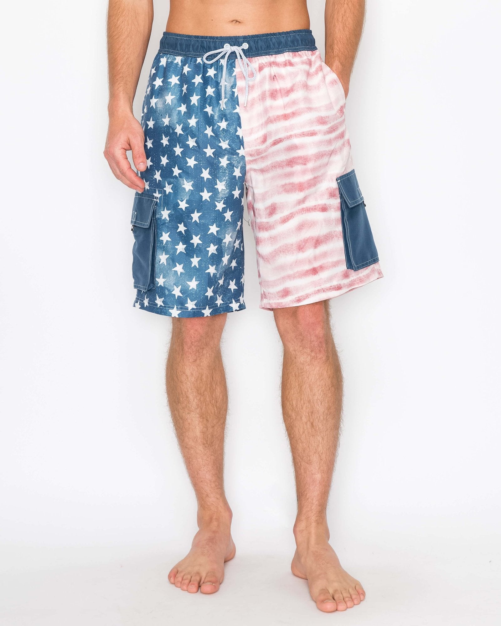 Front view of men’s Americana cargo boardshorts featuring an elastic waistband, drawstring closure, and American flag design.