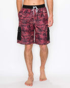 Front view of men’s Aztec Heat Cargo Boardshorts with vibrant patterns, elastic waistband, and drawstring closure.