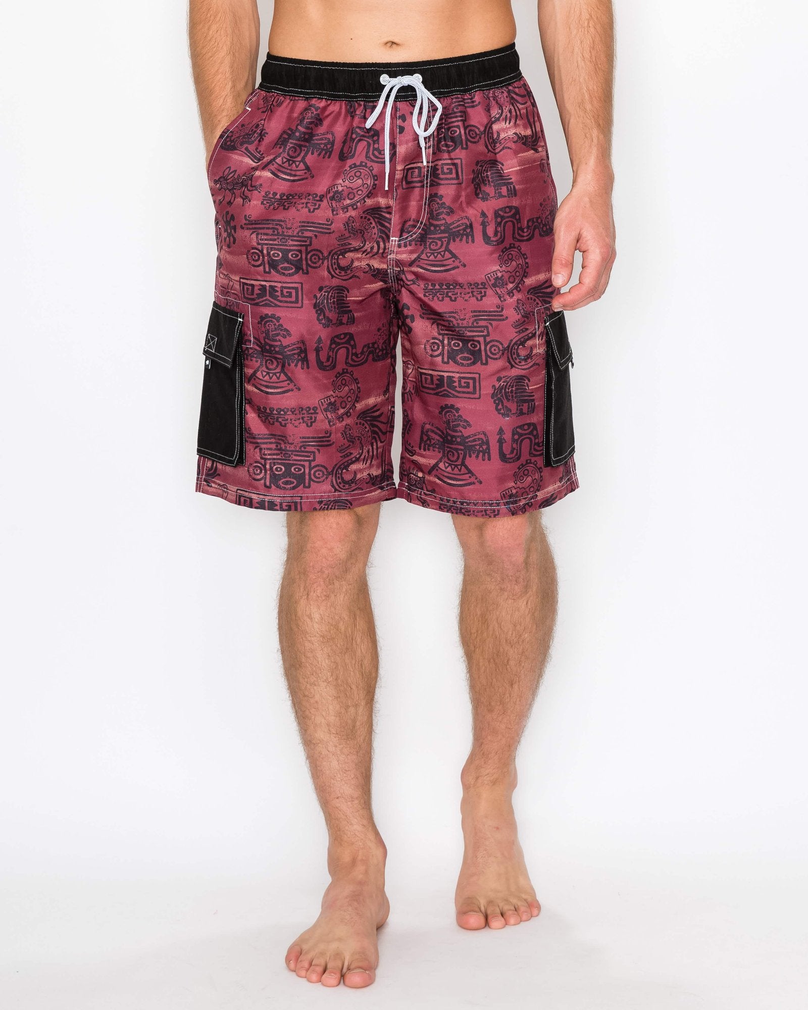 Front view of men’s Aztec Heat Cargo Boardshorts with vibrant patterns, elastic waistband, and drawstring closure.