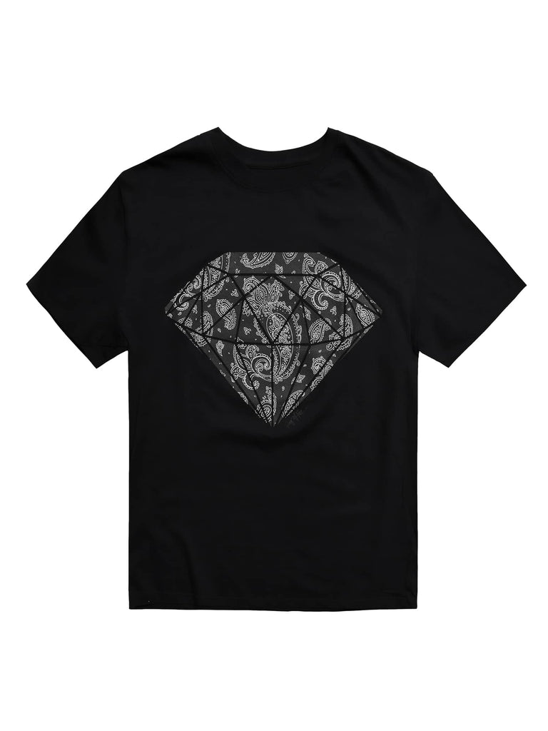 Front view of the black Men’s Paisley Diamond Graphic Tee by Ring of Fire Clothing, laid flat.