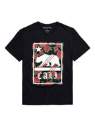 Flat lay of the front of Ring of Fire’s Men’s Cali Roses Graphic Tee in black, showcasing the unique Cali Bear graphic and floral design