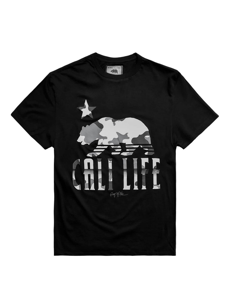 Flat lay of the front of Ring of Fire’s Men’s Cali Life Grey Camo Bear Graphic Tee in black color.