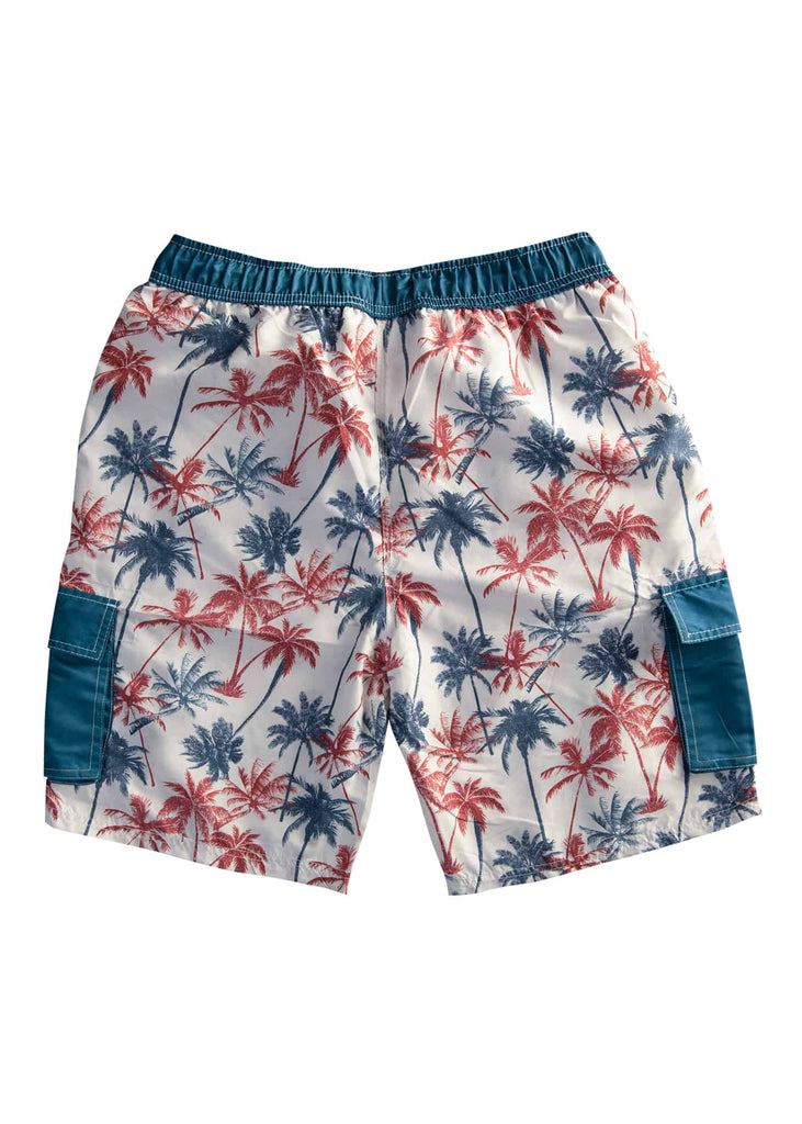 Men’s white Palm Splash board shorts with tropical ocean design