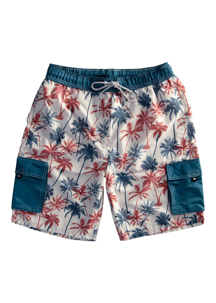 Flat lay of the front side of Ring of Fire’s Men’s Palm Splash Board Shorts showcasing the red and blue palm tree design