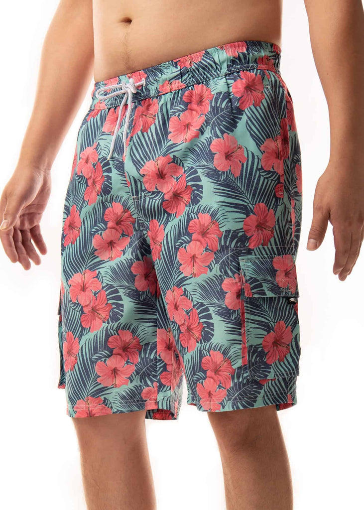 Angled on-model view of the Men’s Paradise Bloom Board Shorts, capturing the overall style and fit