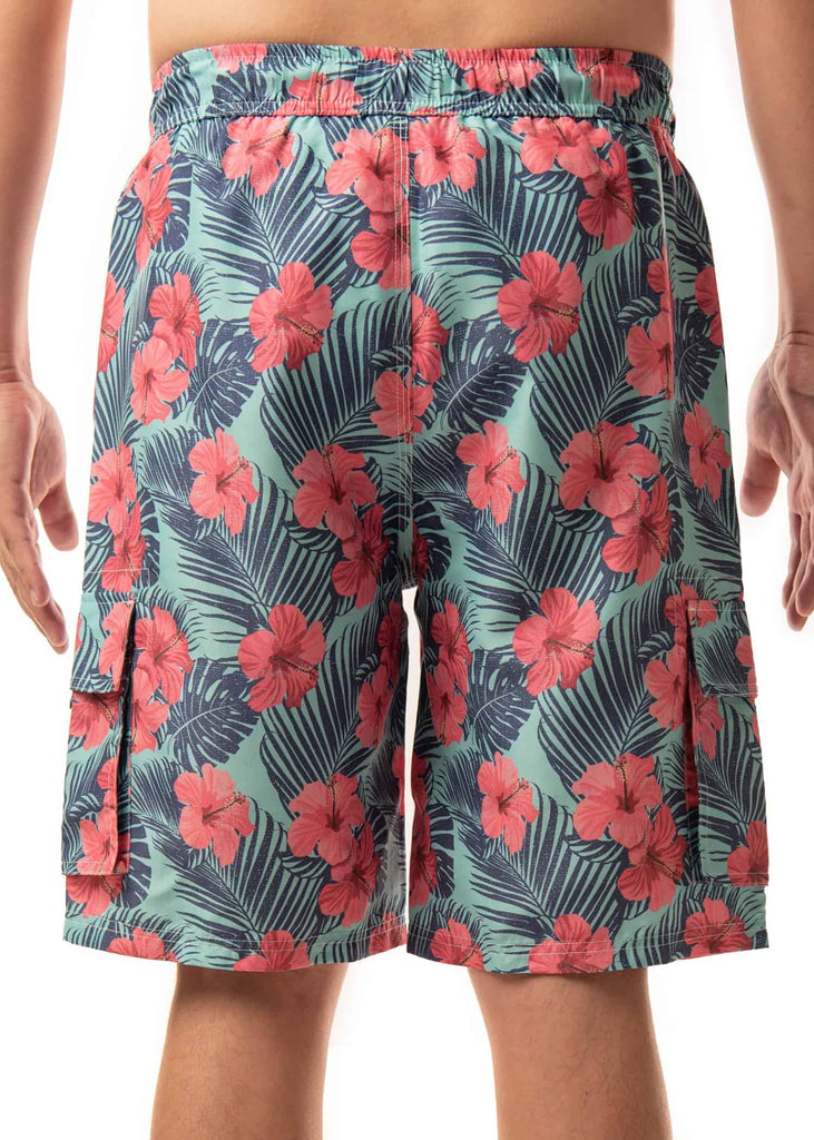 On-model back view of the Men’s Paradise Bloom Board Shorts, emphasizing the comfort and functionality of the two hand pockets