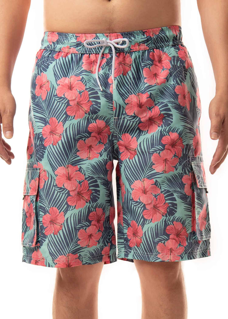 On-model front view of the Men’s Paradise Bloom Board Shorts, showcasing the regular fit and tropical design