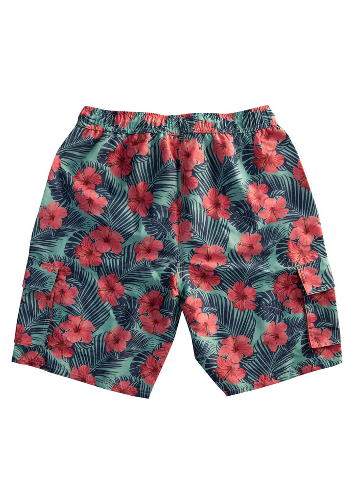 Back view of the Men’s Paradise Bloom Board Shorts in a flat lay, highlighting the elastic waistband and drawstring closure
